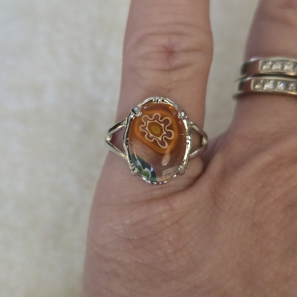 Silver and Orange Floral Ring